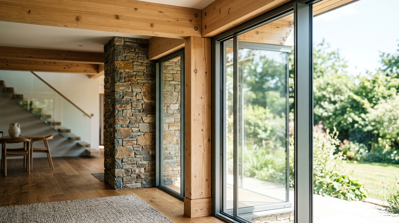 Engineered timber structural framing and triple-glazed thermal glass installation